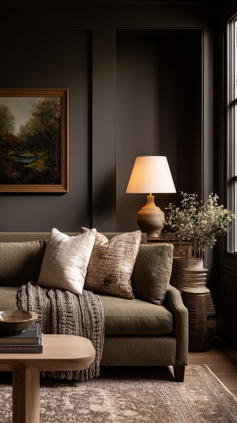 cozy eclectic den with charcoal walls and olive sofa