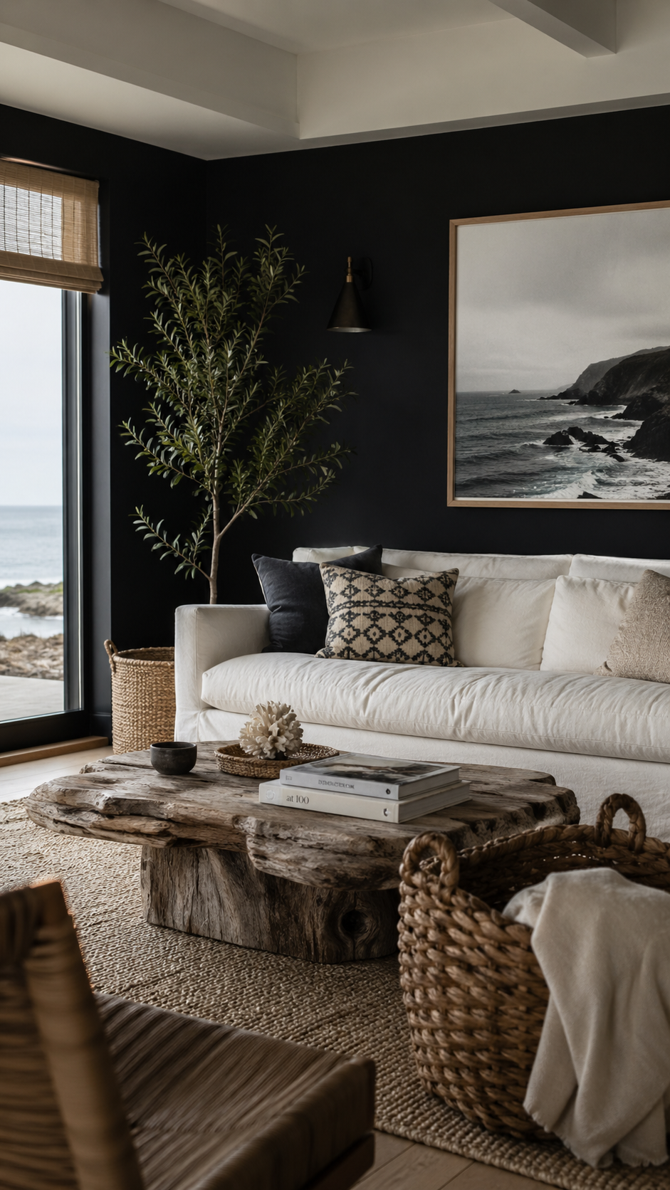 moody coastal living room with ink black accent wall, driftwood coffee table