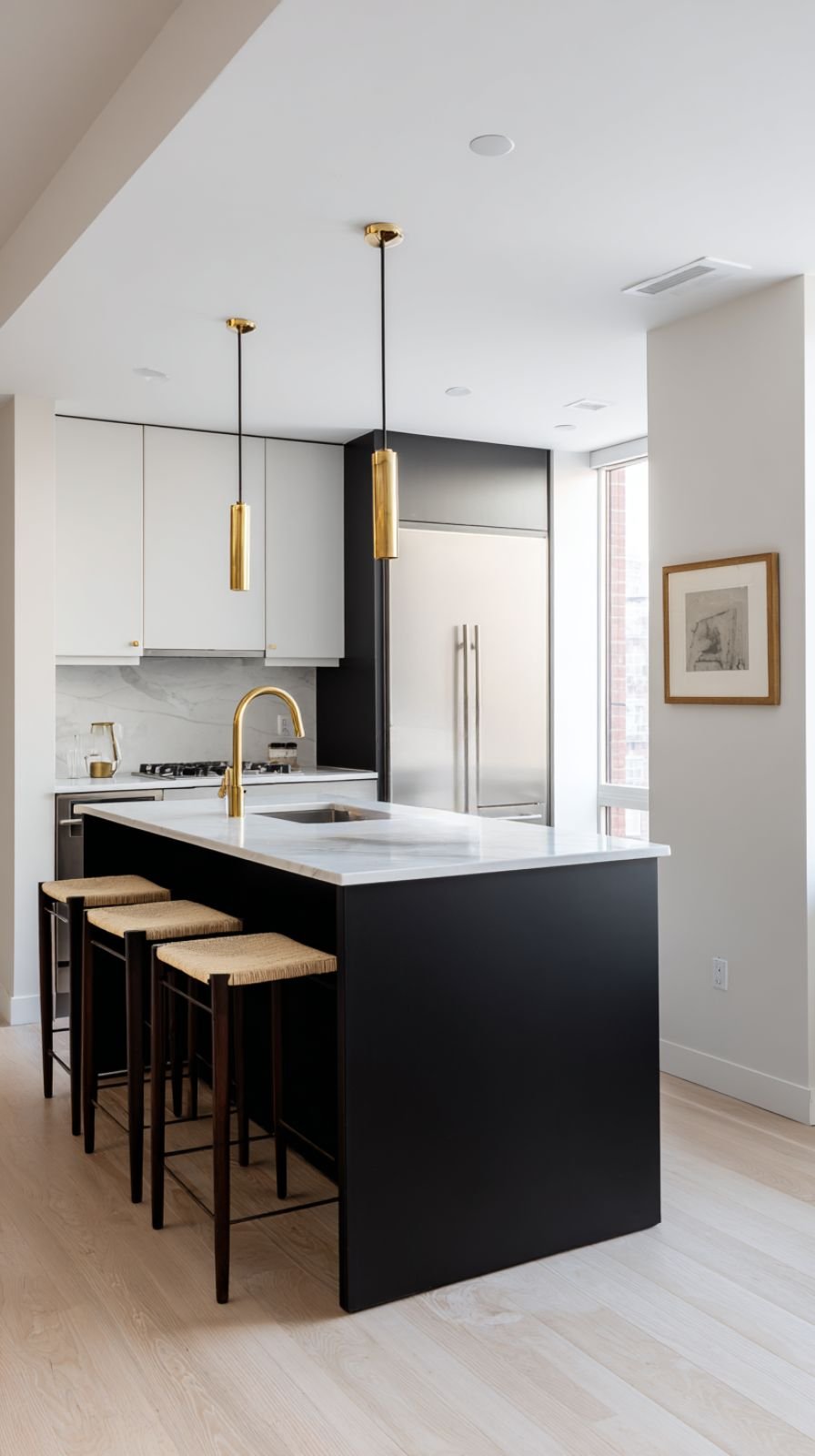 narrow_matte_black_waterfall_kitchen_island