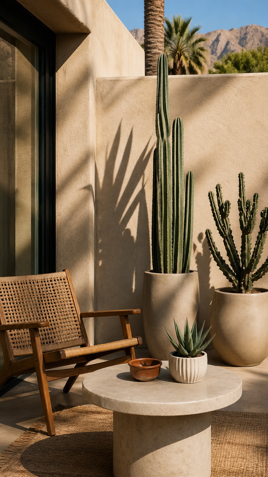small patio with sculptural cacti in modern planters, 