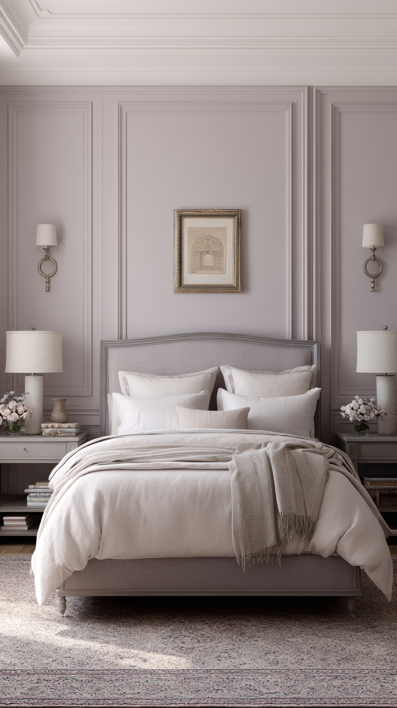 serene guest room with pale lavender walls