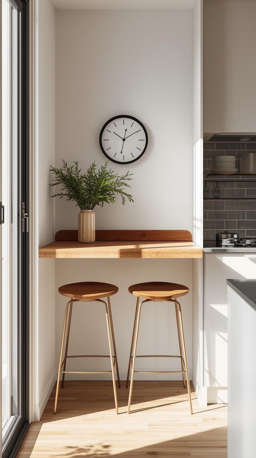 small apartment kitchen with a fold-down wall-mounted island, butcher block surface, minimalist stools
