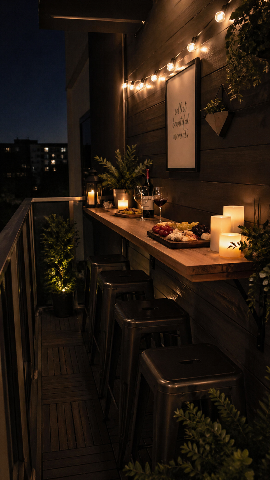small balcony at night with wall-mounted bar, dark tones, stools, cozy intimate setting