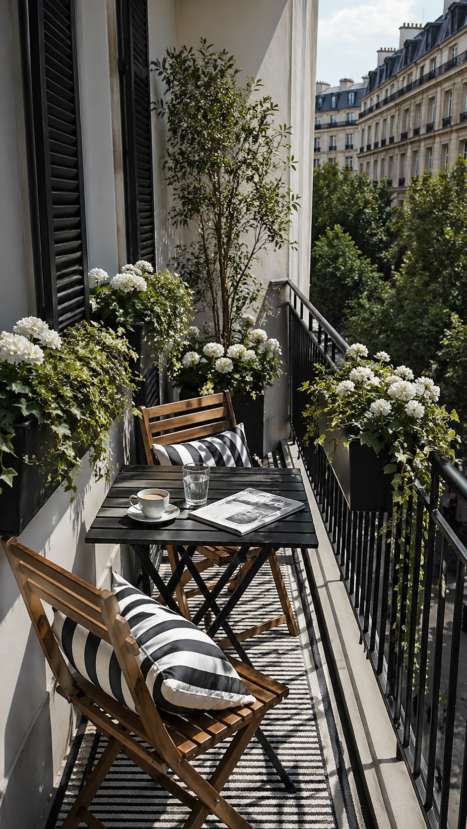small balcony with foldable bistro table and teak chairs