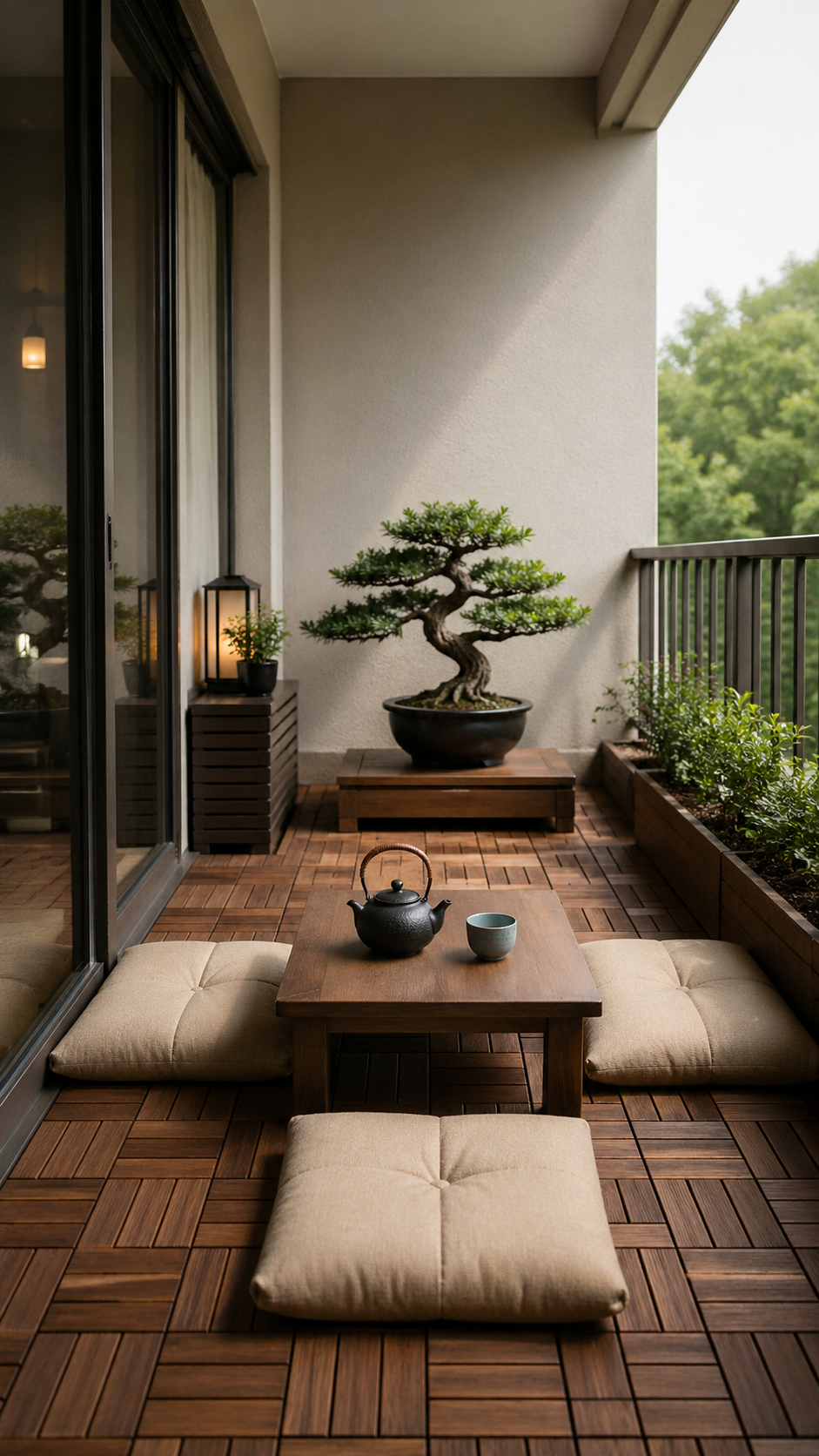 916 small balcony with interlocking wood tiles, low table, floor cushions, bonsai plant