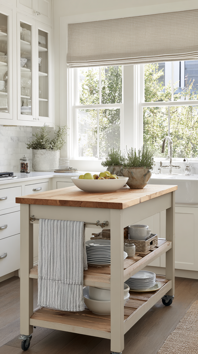 small kitchen with a rolling butcher block island cart, cozy French bistro styling