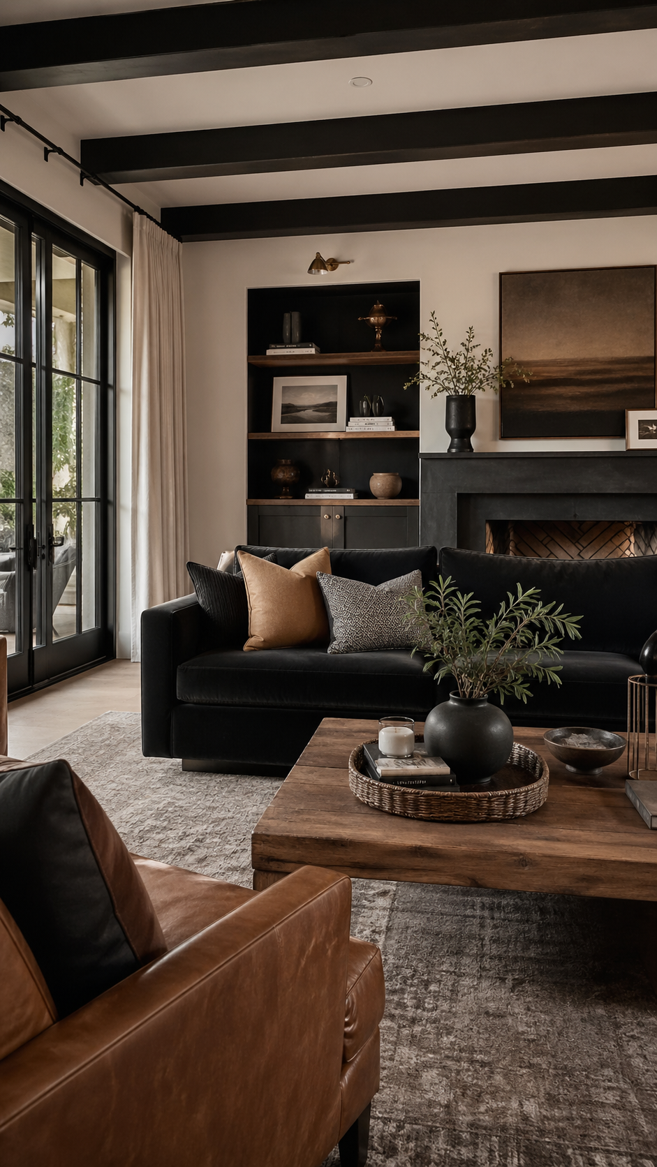 stylish living room showcasing a cohesive black and brown color palette