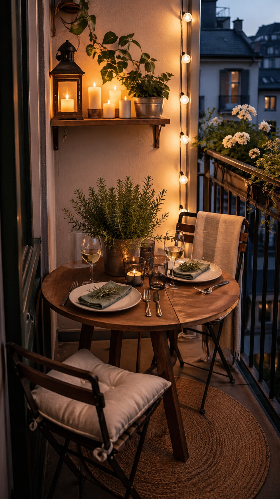 tiny balcony with round drop-leaf table, two slim chairs, herb centerpiece, candle shelf, intimate dining setup