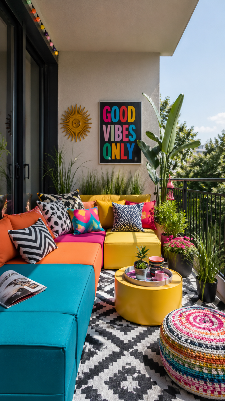 vibrant balcony with bold modular seating, bright cushions, graphic rug, colorful decor