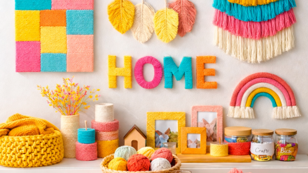 Colorful yarn crafts in home decor title