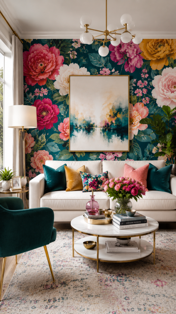Bright floral chic living room design