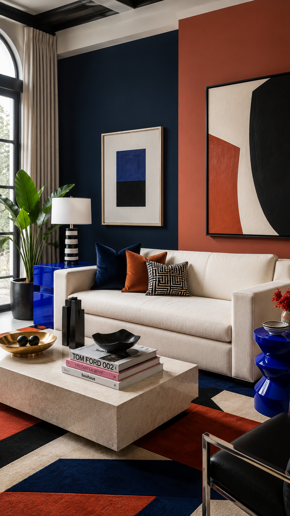 Bright modern living room with bold contrasts