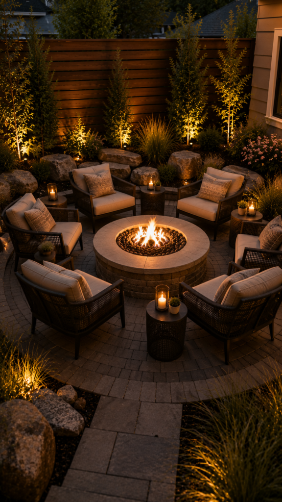 Cozy evening patio with fire pit
