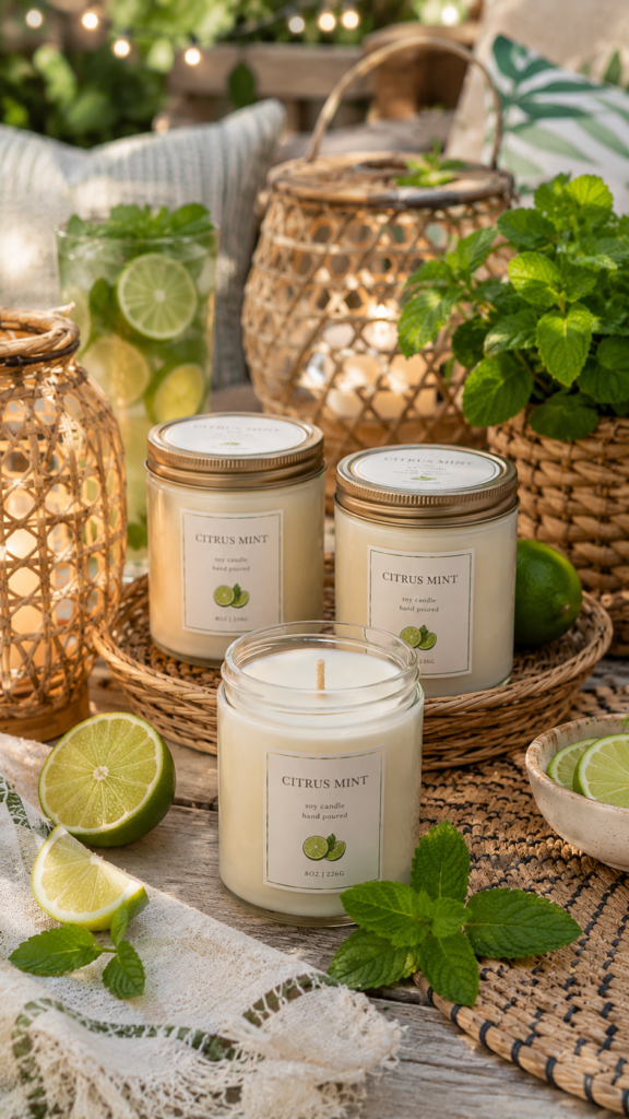 Citrus mint candles on a cozy patio