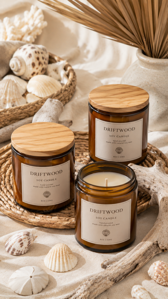 Coastal driftwood candle vignette