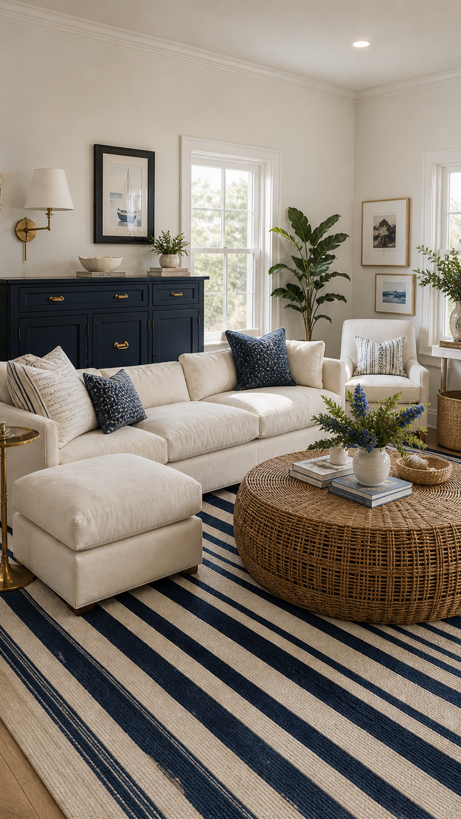 Coastal-inspired living room with warm details