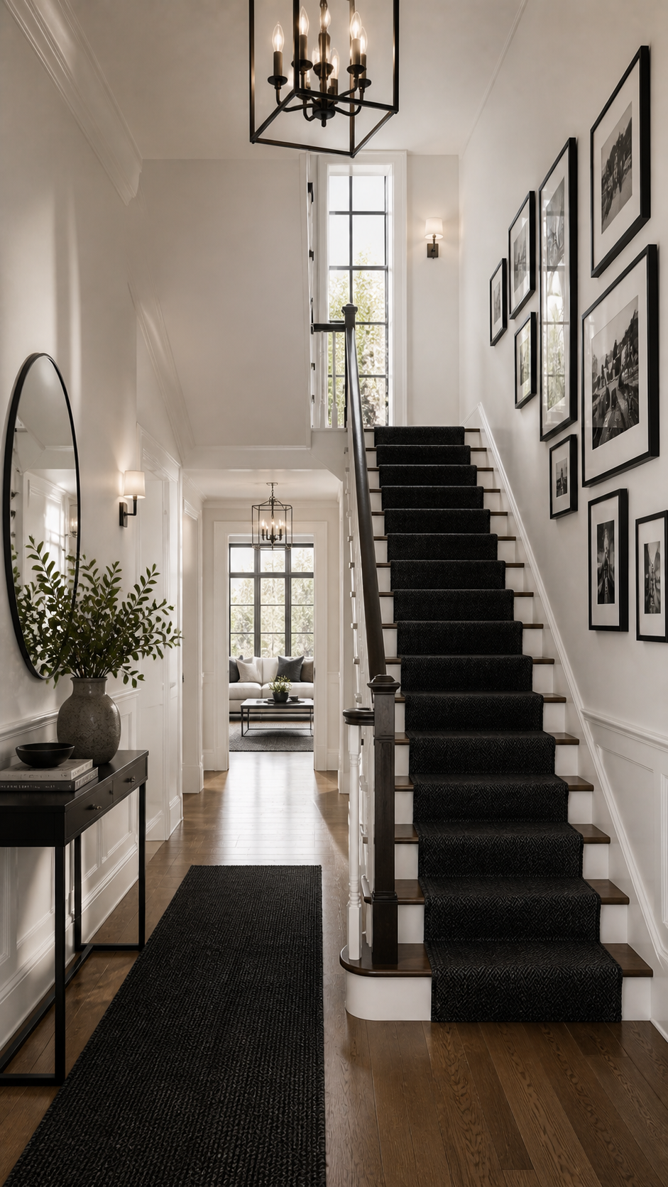 Contemporary farmhouse hallway with staircase