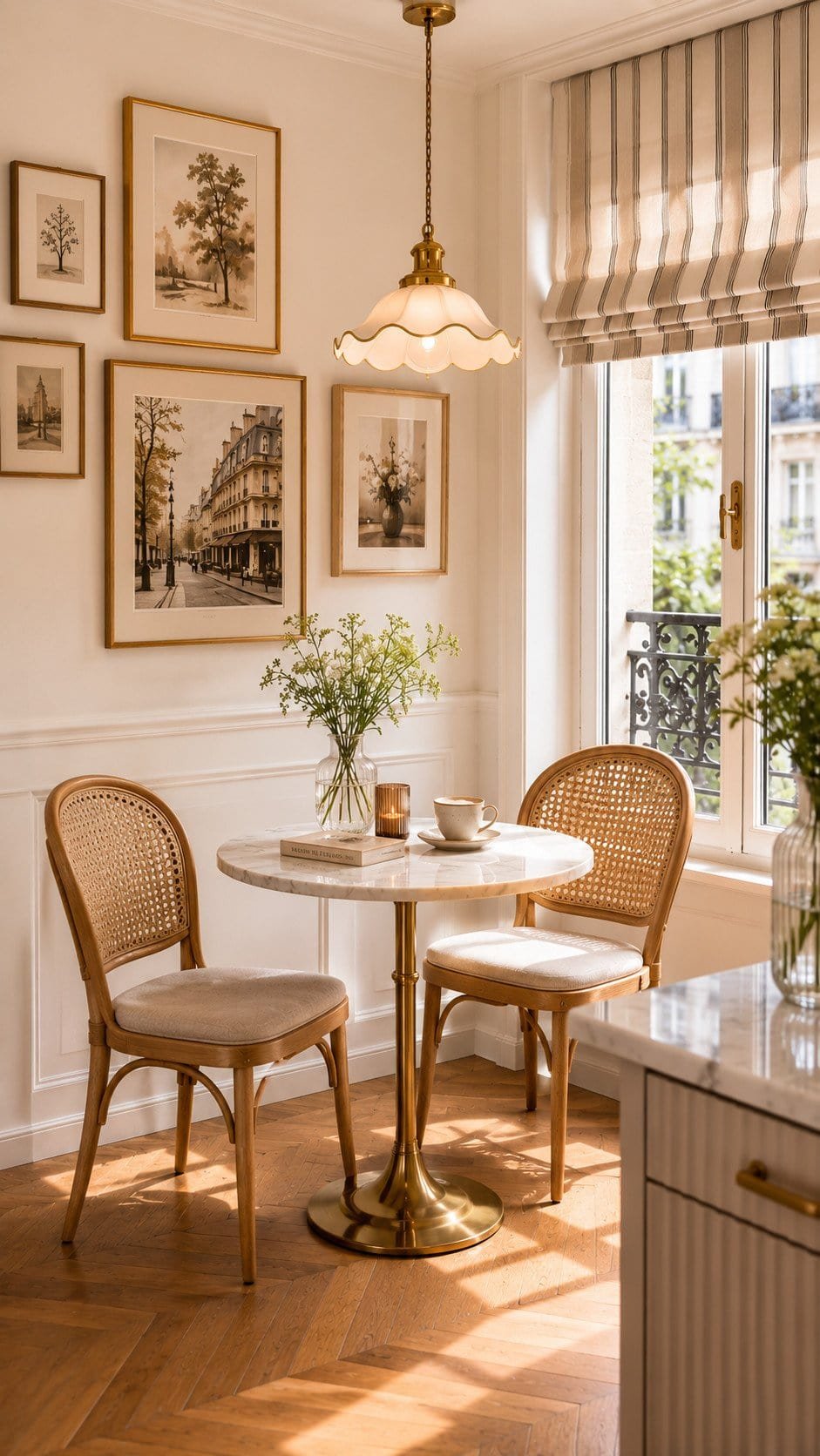Cozy Parisian breakfast nook with marble