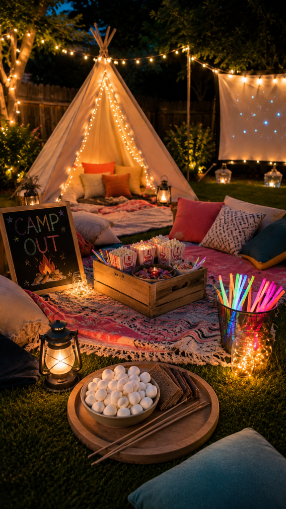 Cozy backyard campout under the stars