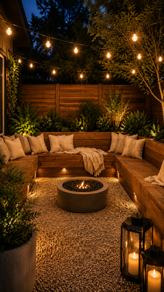 Cozy backyard fire pit at dusk