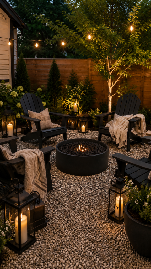 Cozy backyard fire pit at dusk