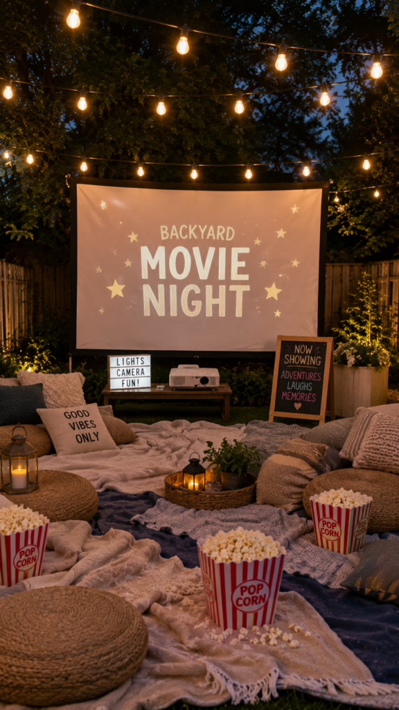 Cozy backyard movie night atmosphere