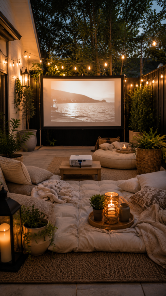 Cozy backyard movie night under lights