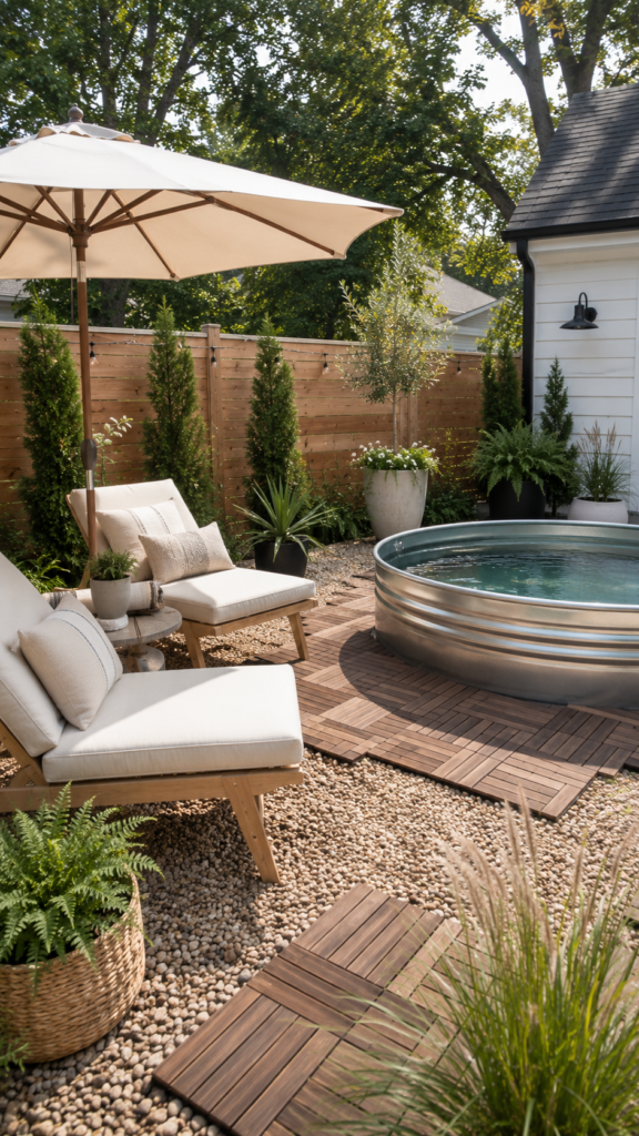 Cozy backyard patio oasis in daylight