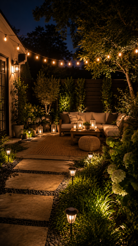 Cozy backyard patio under string lights