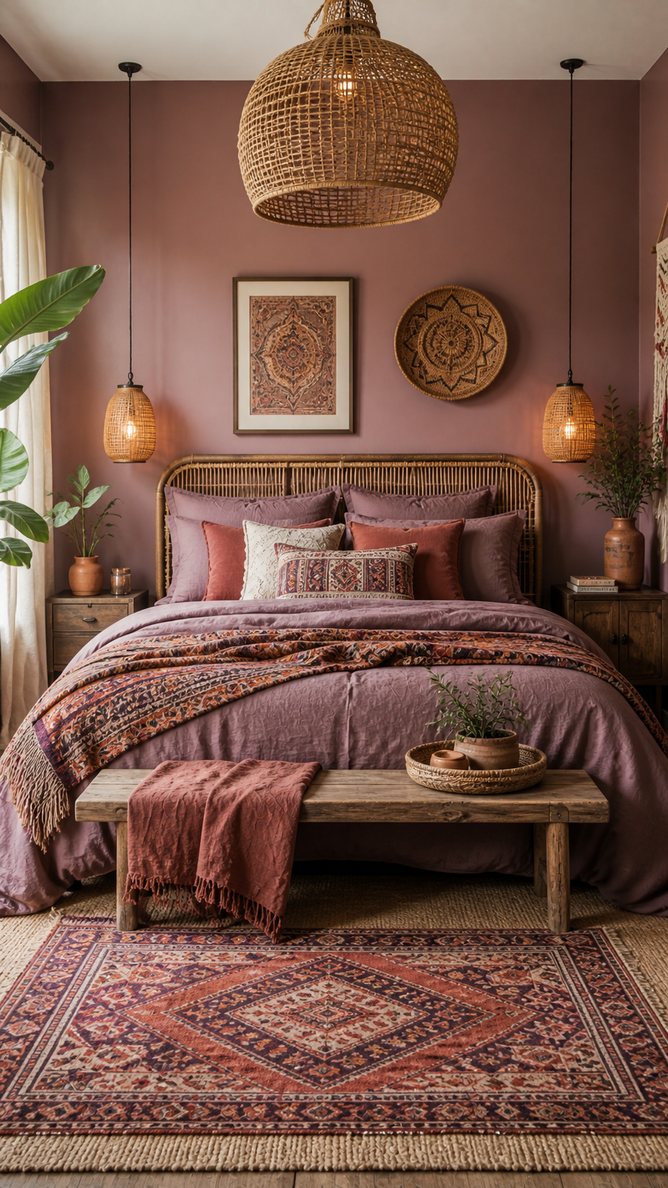 Cozy bohemian bedroom with earthy tones