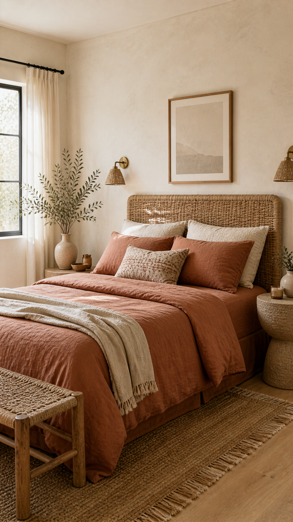 Cozy boho bedroom in warm neutrals