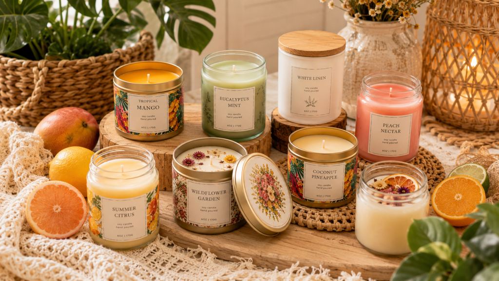 Cozy boho candle and citrus arrangement
