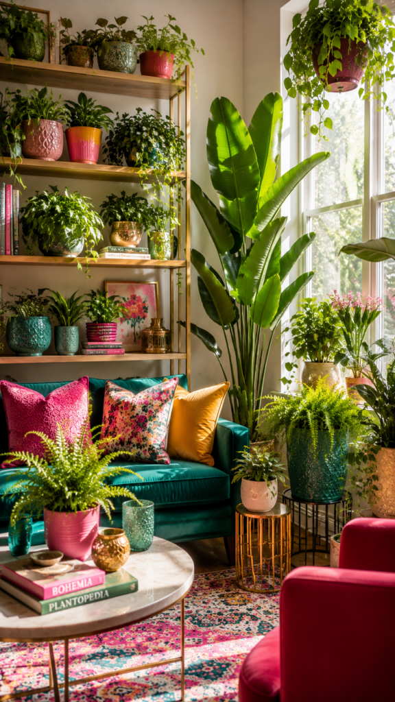 Cozy boho living room with plants