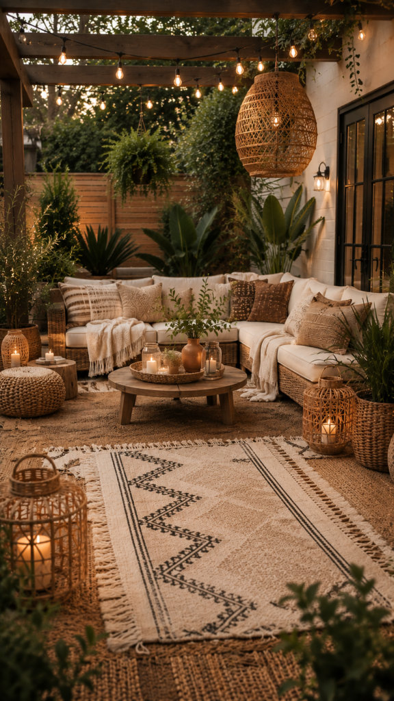 Cozy boho patio at dusk