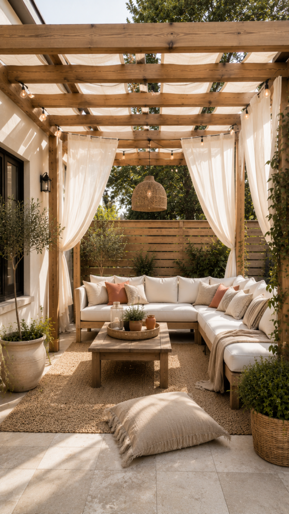 Cozy boho patio under wooden pergola