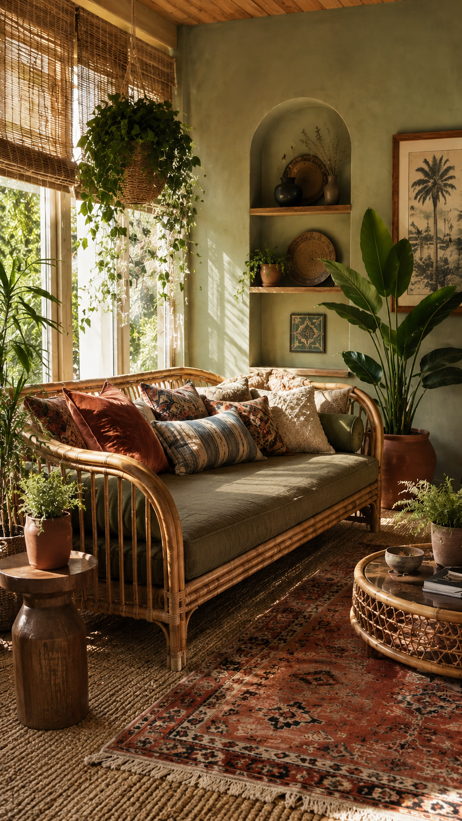 Cozy boho sunroom with plants