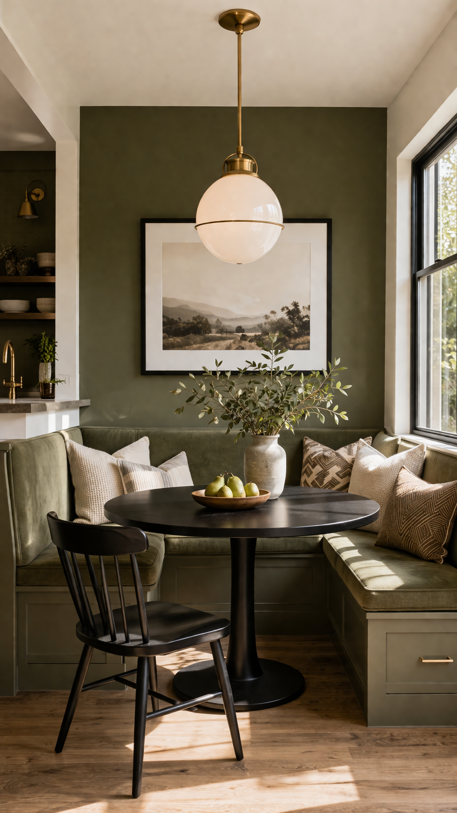 Cozy breakfast nook with brass accents
