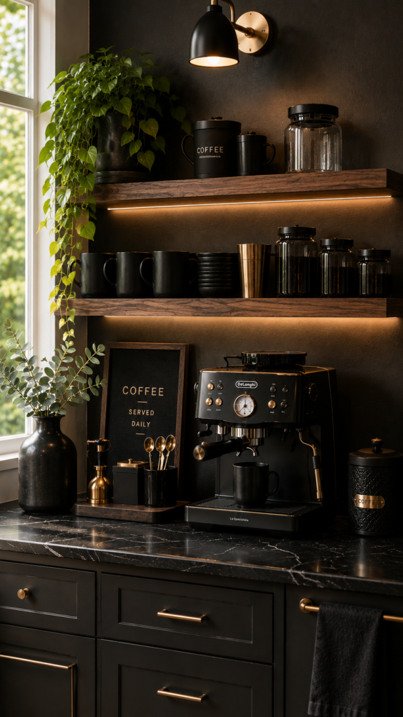 Cozy coffee nook with gold accents