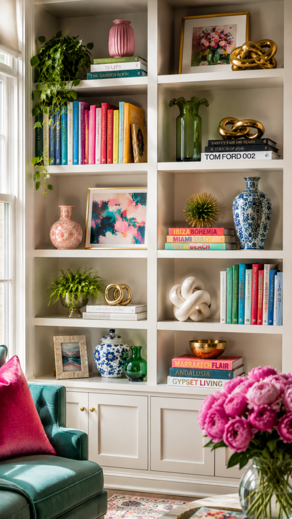 Cozy, colorful bookshelf with floral accents