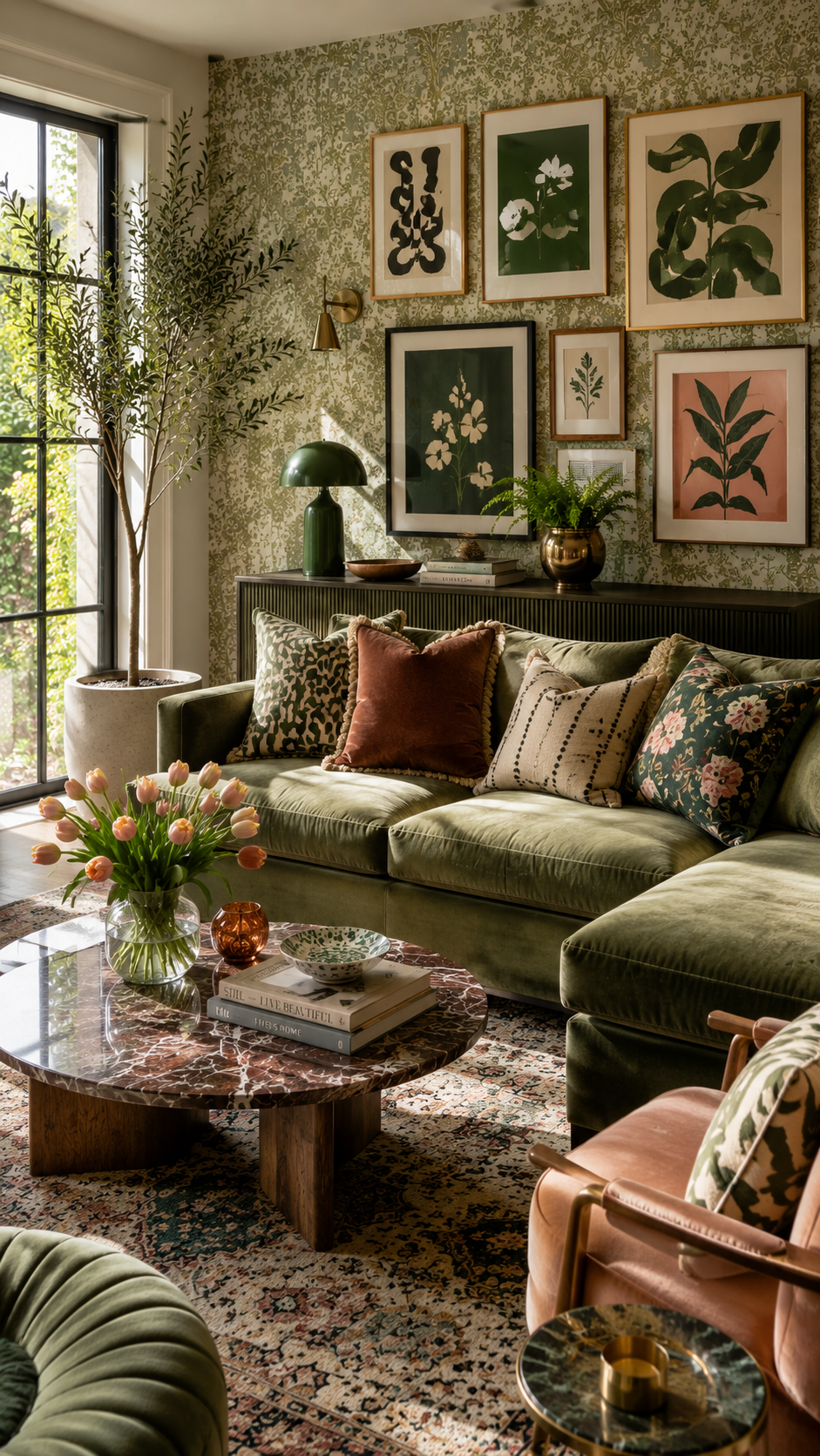 Cozy eclectic living room with greenery
