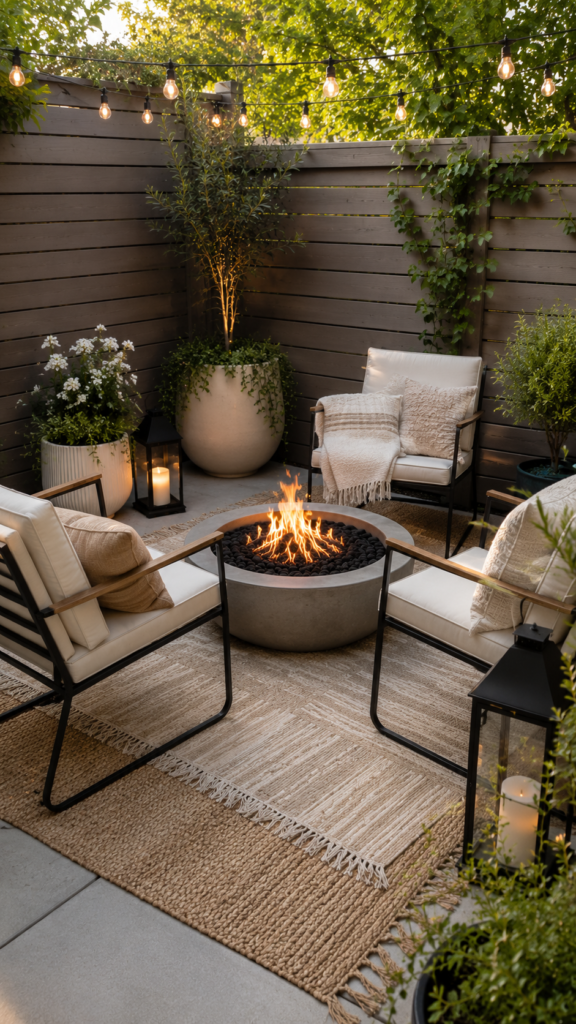 Cozy evening patio retreat with firepit