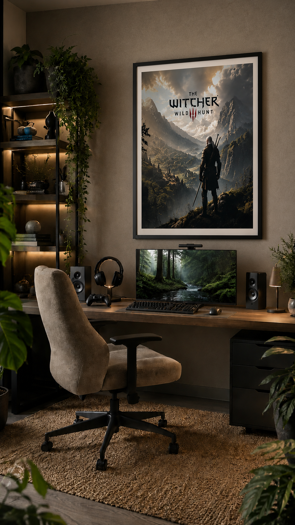 Cozy gaming workspace with Witcher art