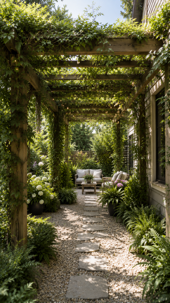 Cozy garden path with pergola seating
