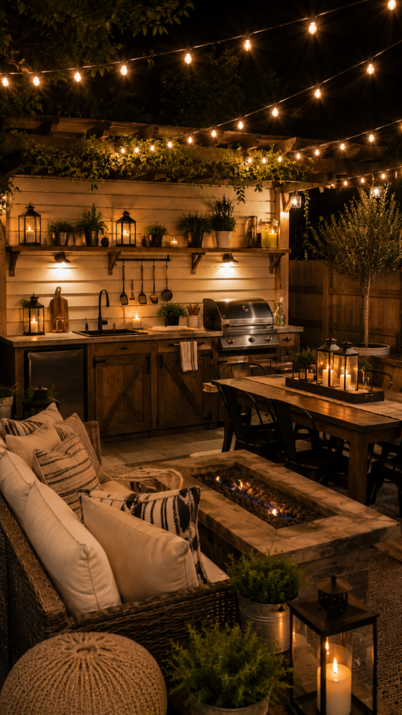 Cozy garden patio with candlelight ambiance