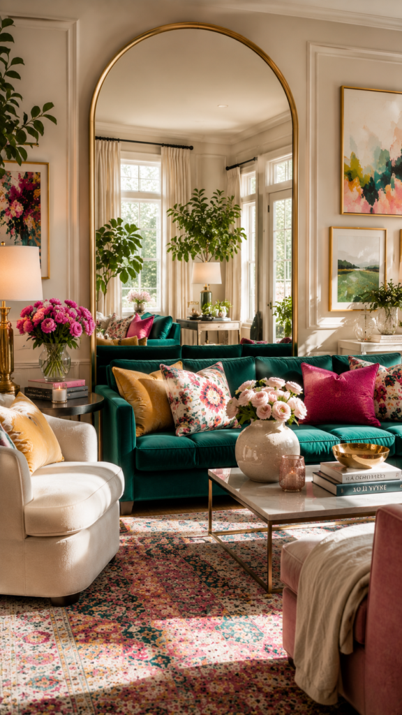 Cozy greenery-filled living room with mirror