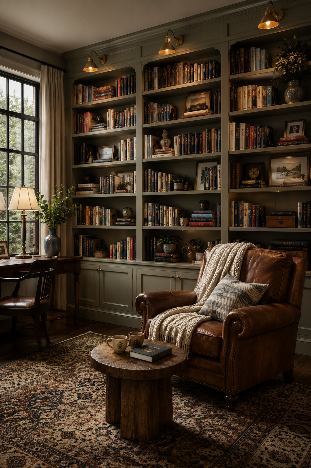 Cozy home library with warm lighting