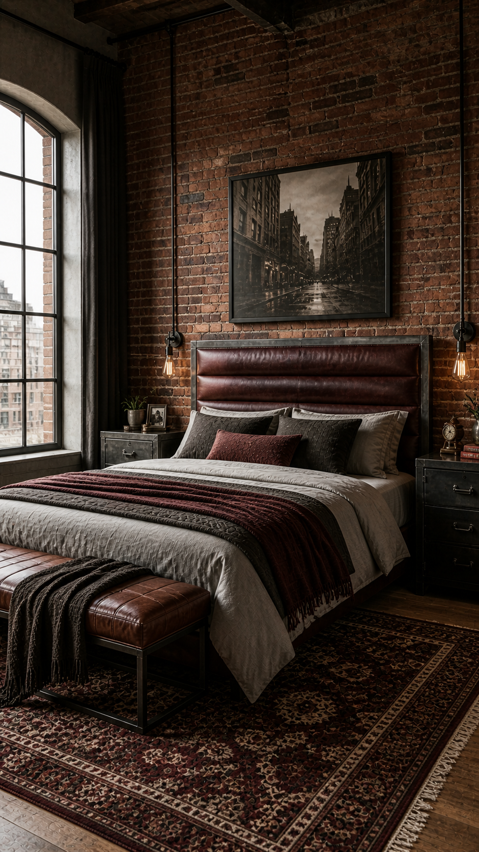 Cozy industrial loft bedroom design