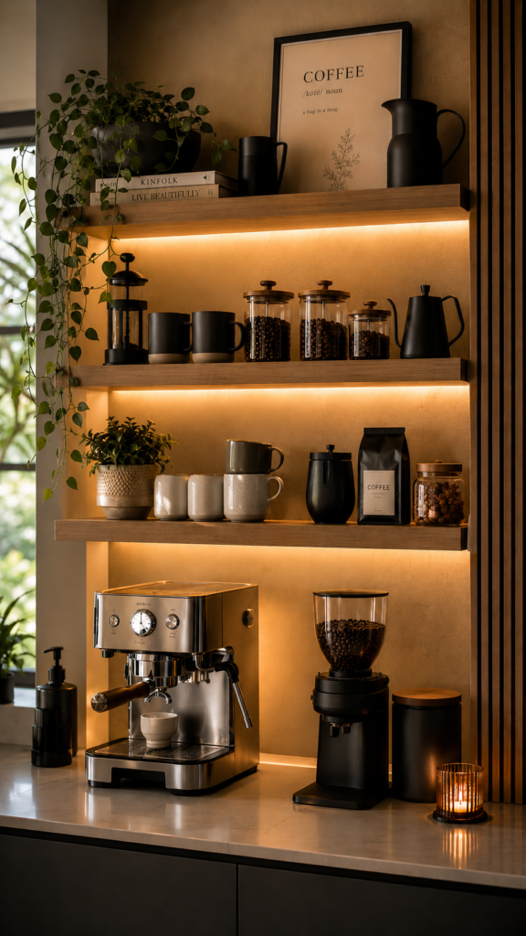 Cozy modern coffee corner with plants