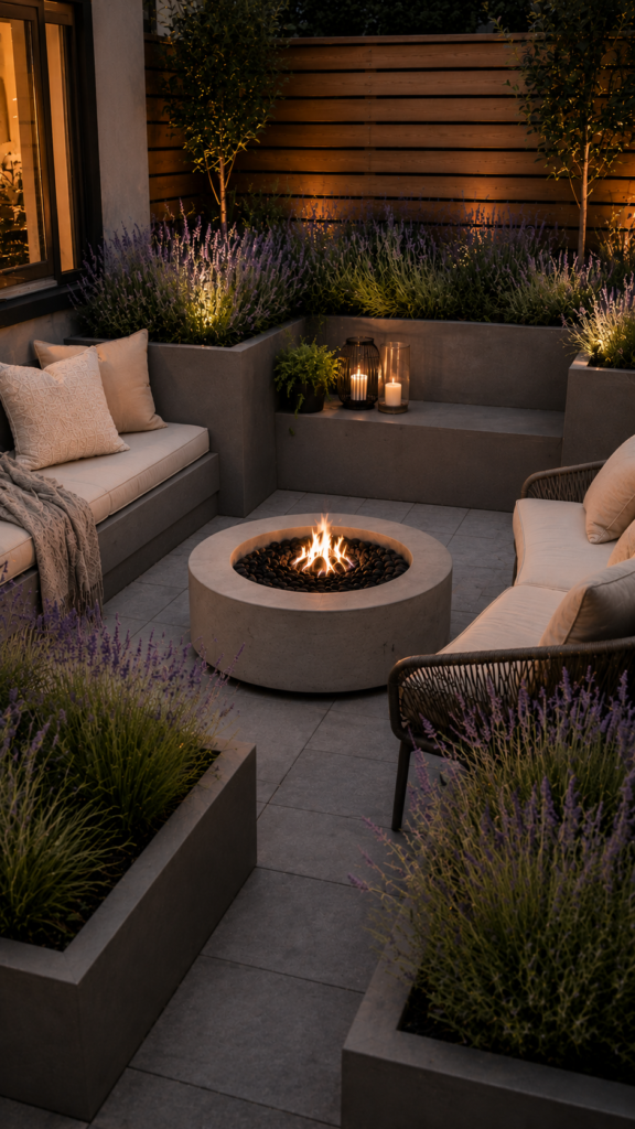 Cozy modern garden retreat at dusk