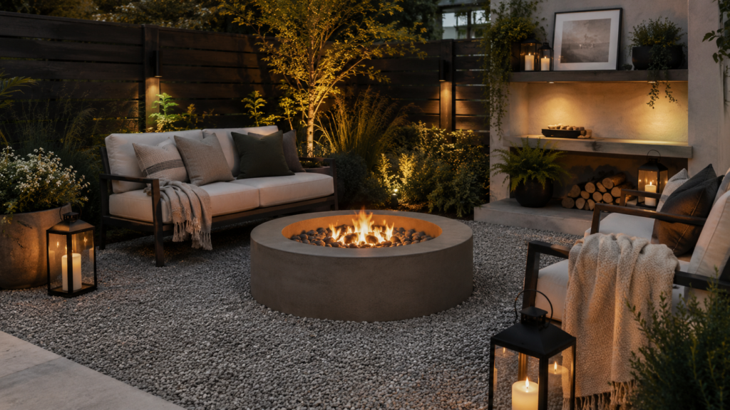 Cozy modern patio at dusk
